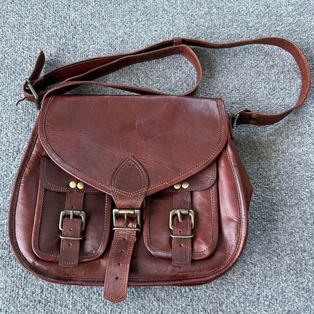 Vintage Style Leather Satchel Crossbody Bag Brown Brass Buckles Artisan Crafted